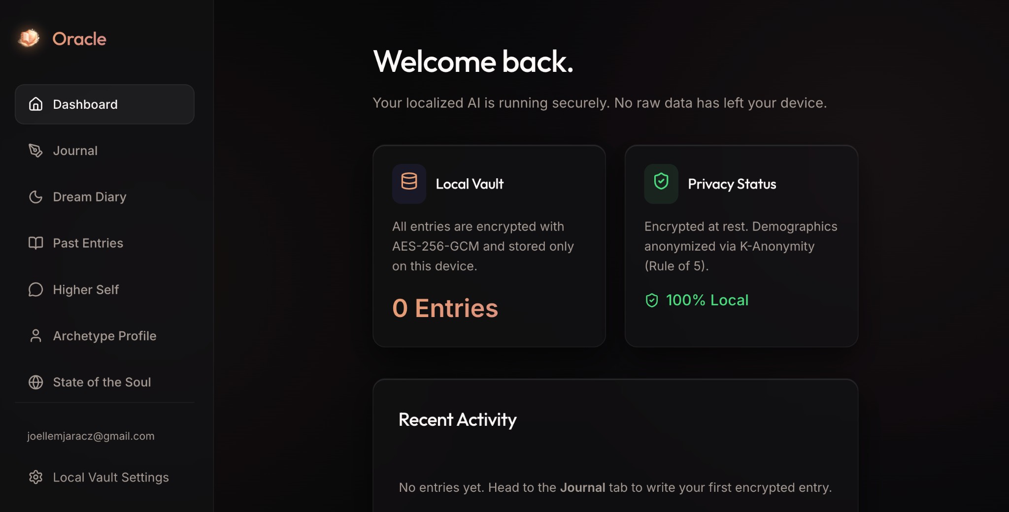Oracle Dashboard showing the secure local vault and privacy status