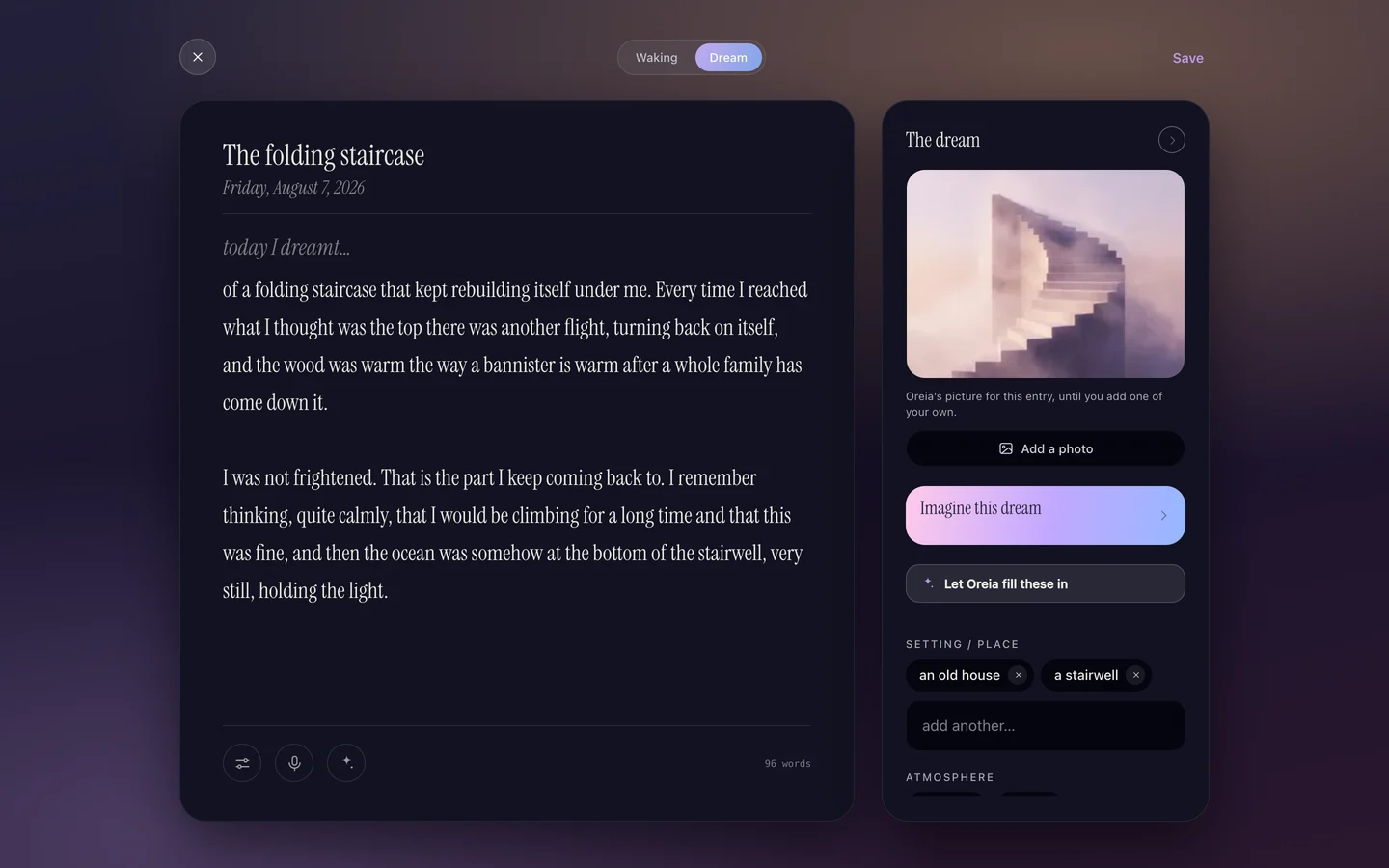 The Oreia composer on a desktop, a dream entry beside a companion panel holding its setting, atmosphere and lucidity.