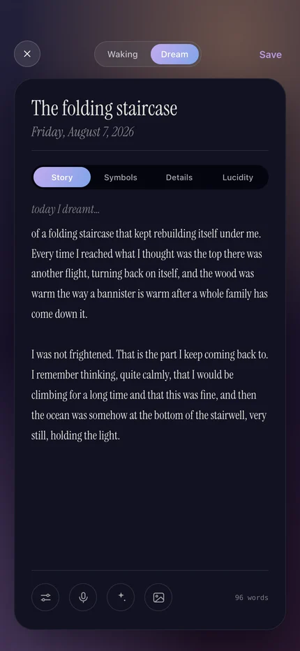 The Oreia composer in dream mode, showing a dream titled “The folding staircase”.