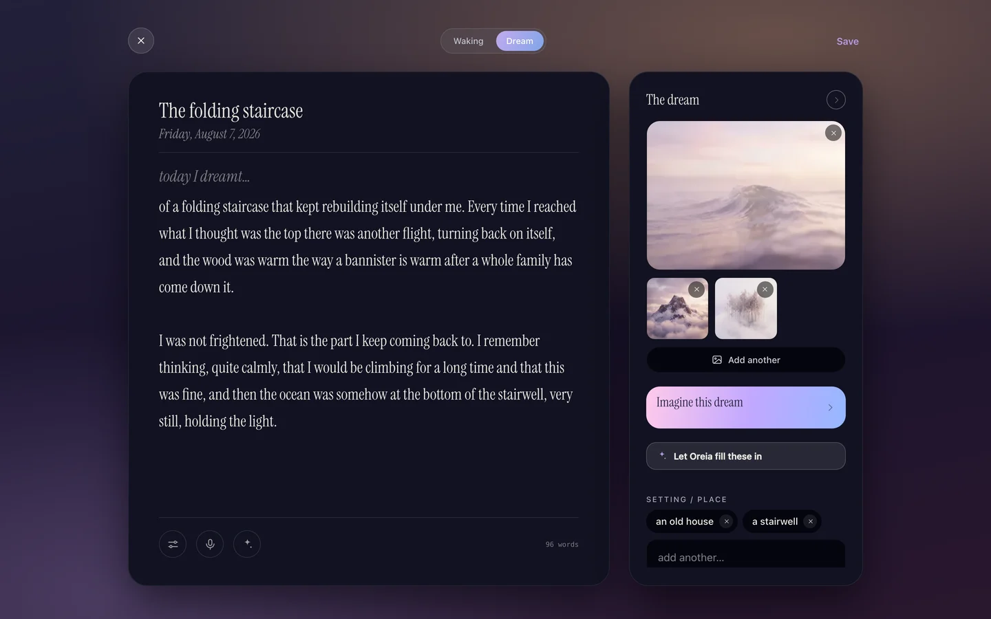 A dream entry in Oreia with generated cover art and a photo strip, beside the panel offering to imagine the dream as a picture.